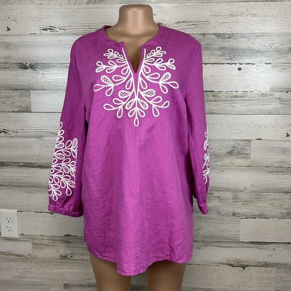 Talbots Embroidered Linen Blend Balloon Sleeve Tunic Size Large Boho Pink Resort - Picture 2 of 8